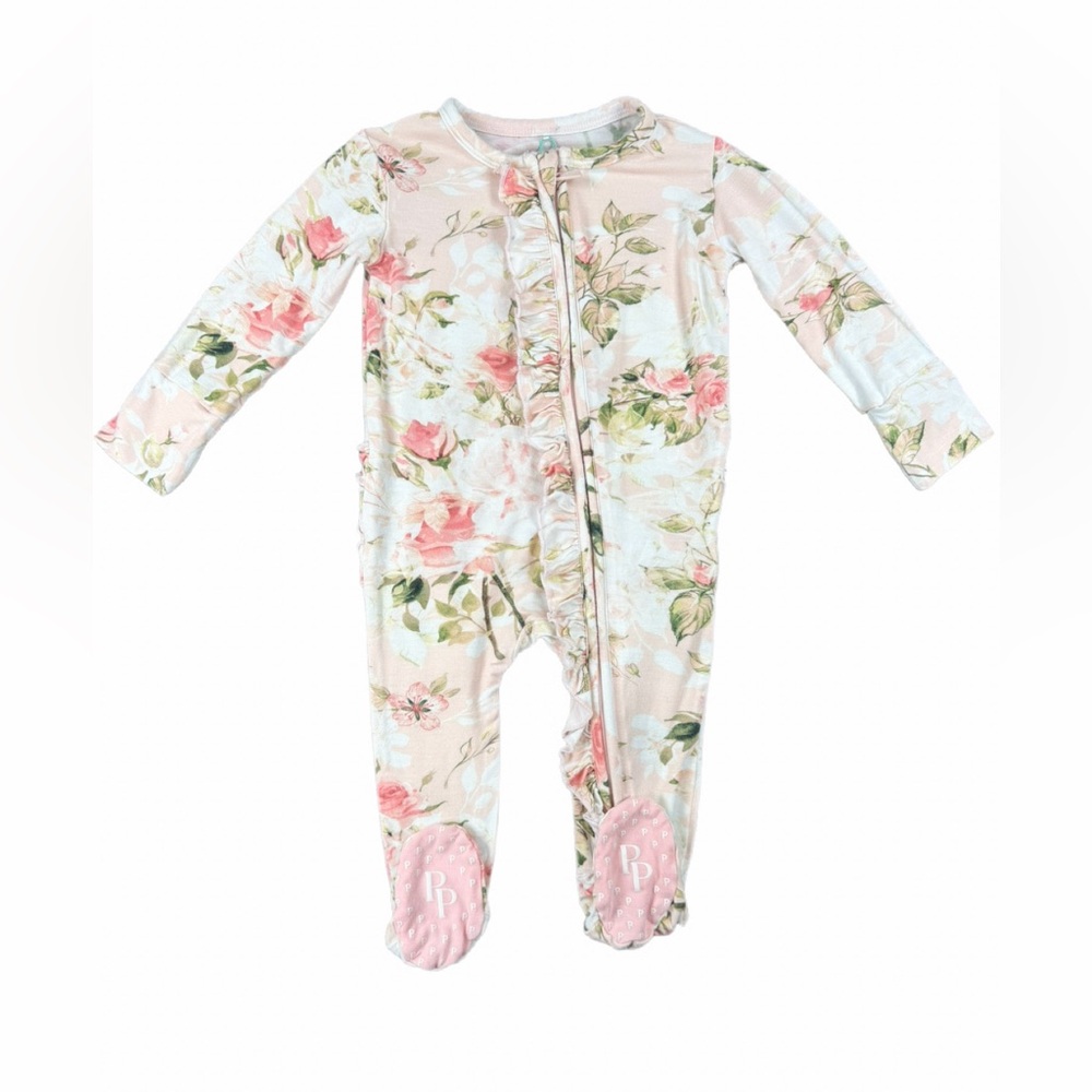 POSH PEANUT Baby Girl Vintage Pink Rose Bamboo Ruffled Zippered Footie - 3-6M